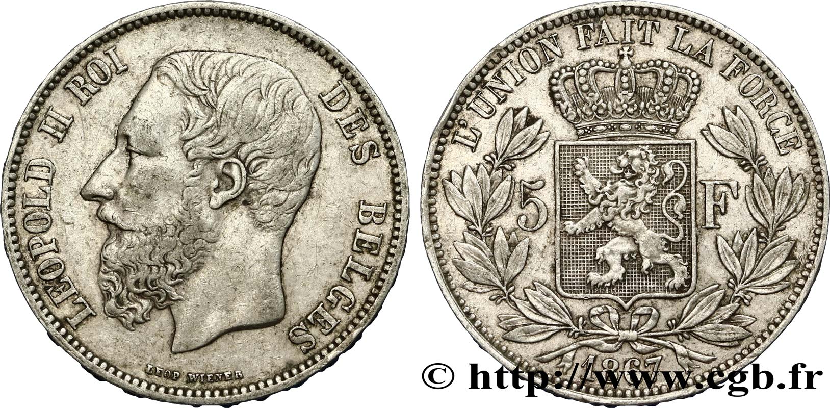 BELGIUM 5 Francs Léopold II 1867  XF 