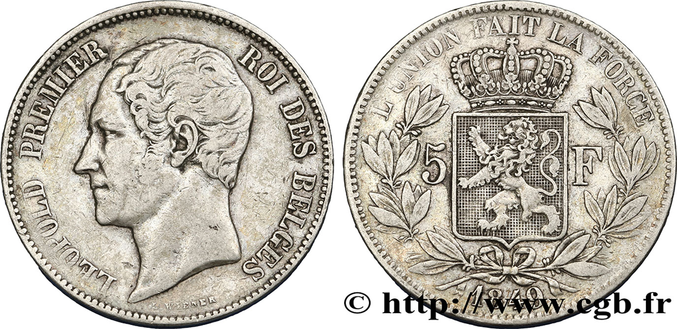 BELGIEN 5 Francs Léopold Ier tête nue 1849  fSS 