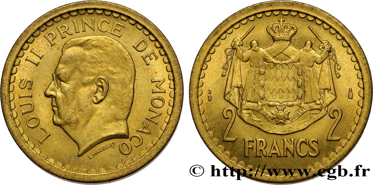 MONACO 2 Francs Louis II / armes (1943) Paris SPL 