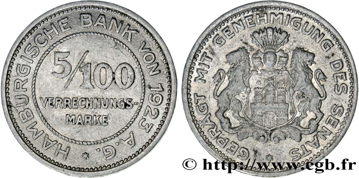 GERMANY - Notgeld 5/100 Mark Hamburgische Bank von 1923 1923  XF 