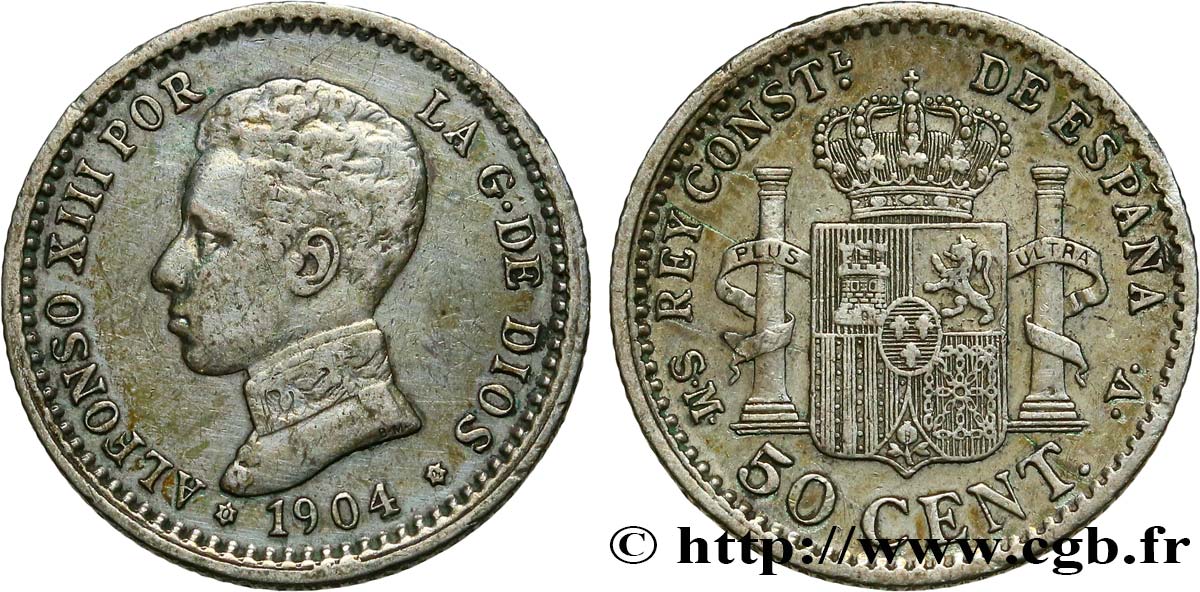 SPAGNA 50 Centimos Alphonse XIII / emblème couronné S.M. - .V. 1904 Madrid q.BB 