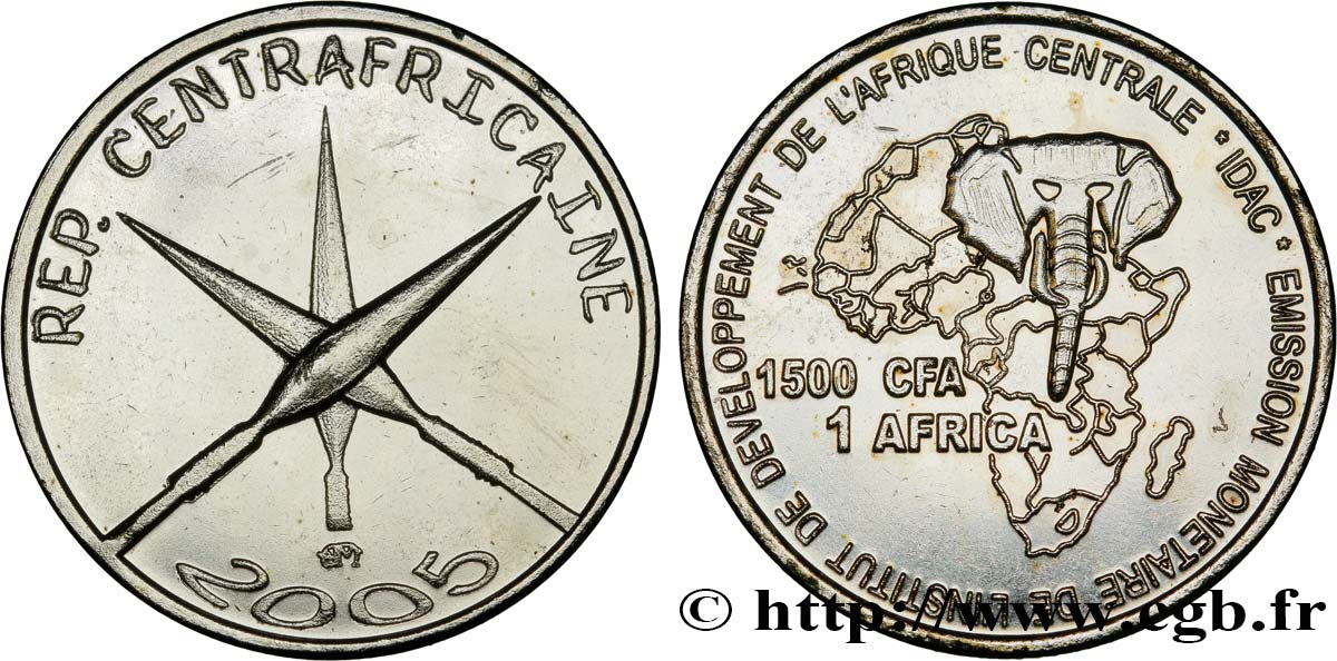 CENTRAFRIQUE 1500 Francs CFA lances croisées 2005  SPL 