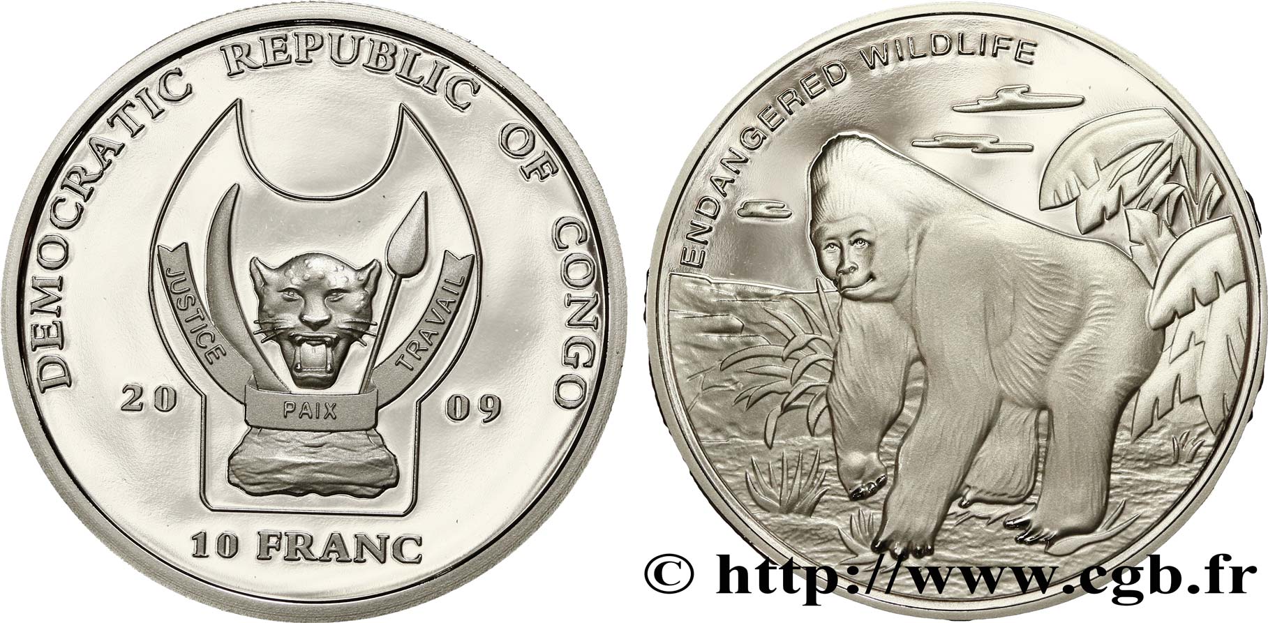 REPUBBLICA DEMOCRATICA DEL CONGO 10 Franc(s) Proof Espèces en danger : gorille 2009  FDC 