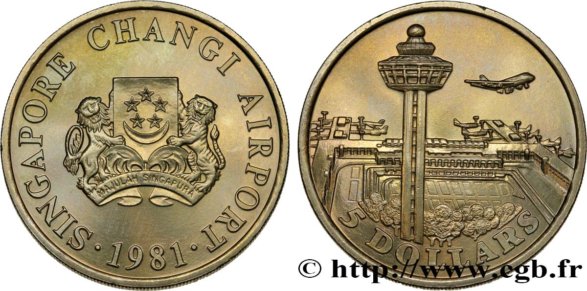 SINGAPORE 5 Dollars aéroport de Changi : emblème vue de l’aéroport 1981  MS 