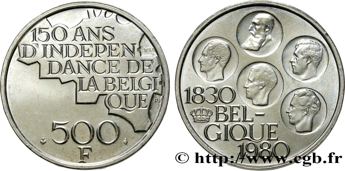 BELGIUM 500 Francs légende française 150e anniversaire de l’indépendance, portrait des 5 rois / carte de Belgique 1980 Bruxelles AU 