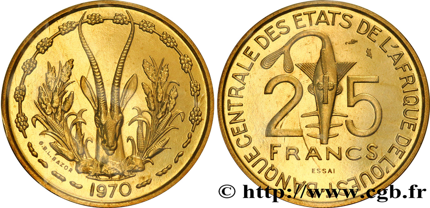 WEST AFRICAN STATES (BCEAO) Essai de 25 Francs masque / antilope 1970 Paris MS70 