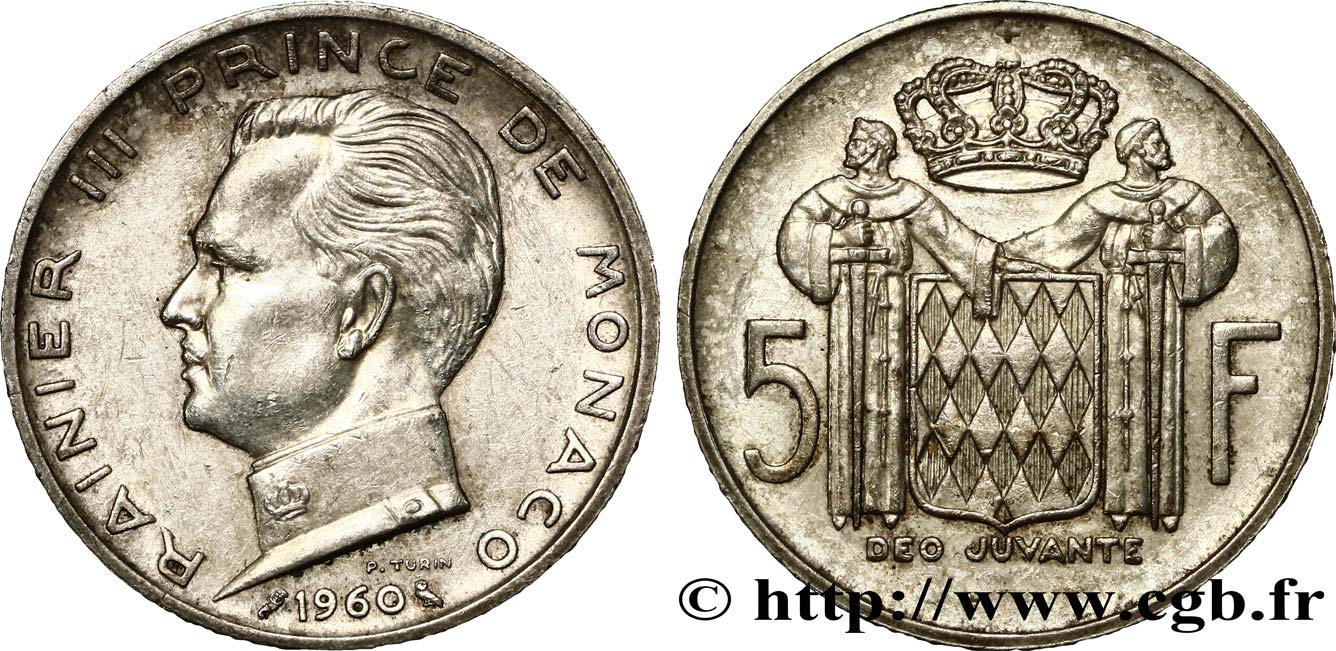 MONACO 5 Francs Prince Rainier III 1966 Paris MBC+ 