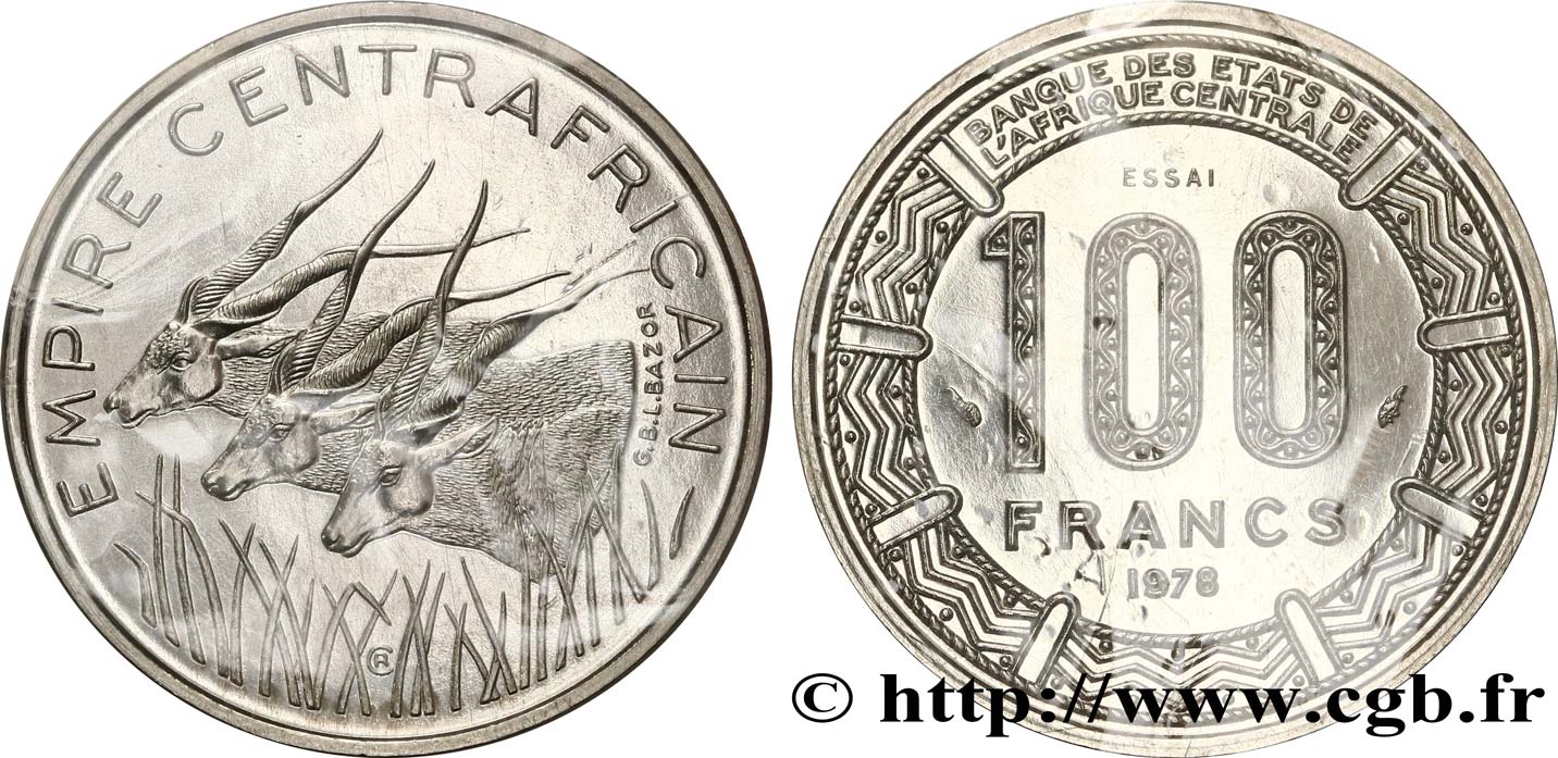 REPúBLICA CENTROAFRICANA Essai de 100 Francs “Empire Centrafricain” antilopes 1978 Paris FDC 