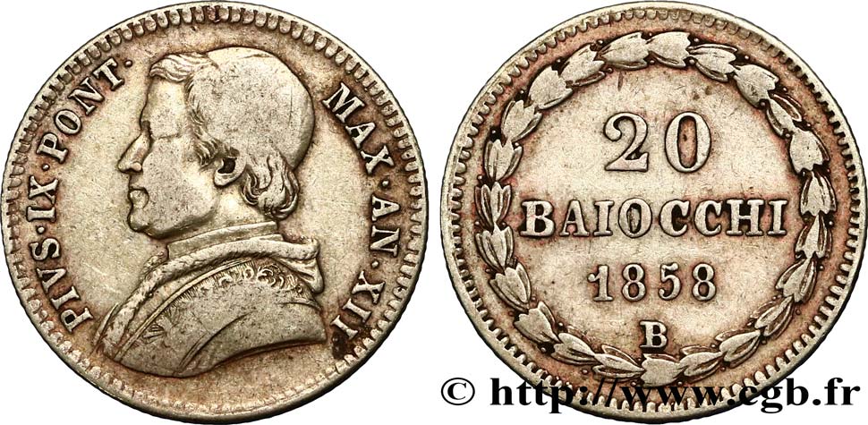 VATICAN AND PAPAL STATES 20 Baiocchi Pie IX an XII 1858 Rome VF 