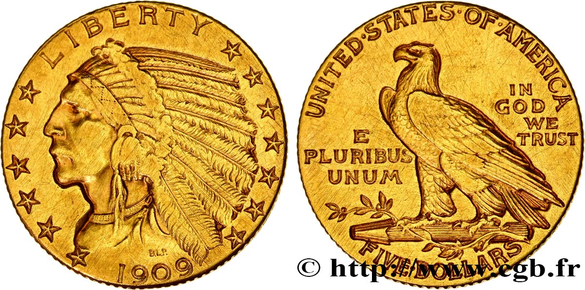 STATI UNITI D AMERICA 5 Dollars or  Indian Head  1909 Philadelphie q.SPL 