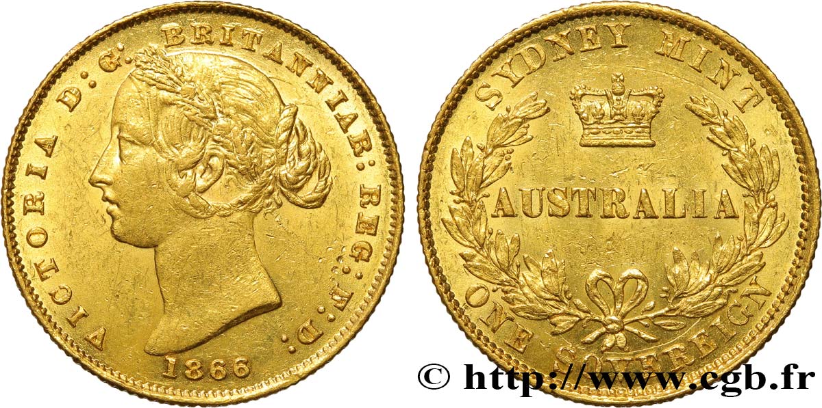 AUSTRALIA 1 Souverain (Sovereign) Victoria / couronne entre deux branches d’olivier 1866 Sydney AU 