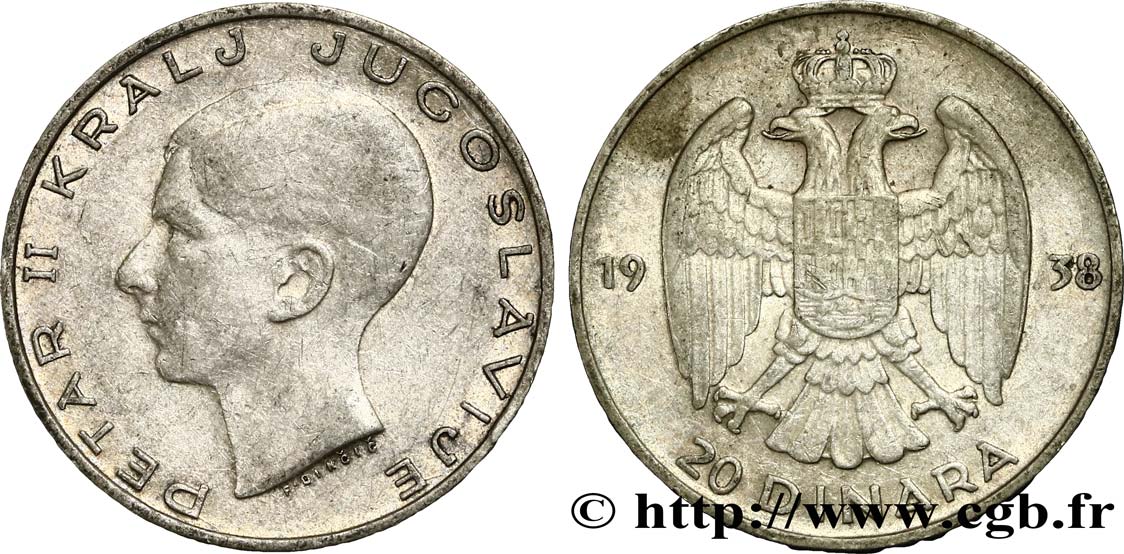 YUGOSLAVIA 20 Dinara Pierre II 1938  BB 