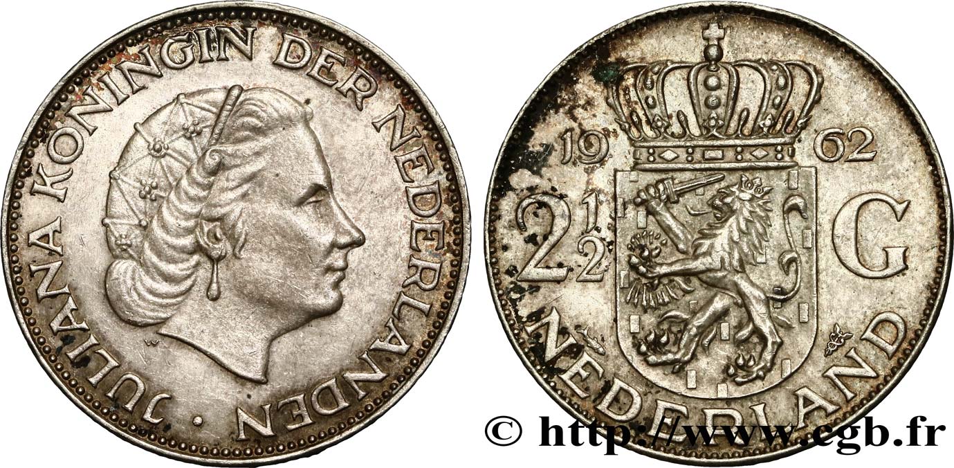 NETHERLANDS 2 1/2 Gulden Juliana 1962 Utrecht XF 