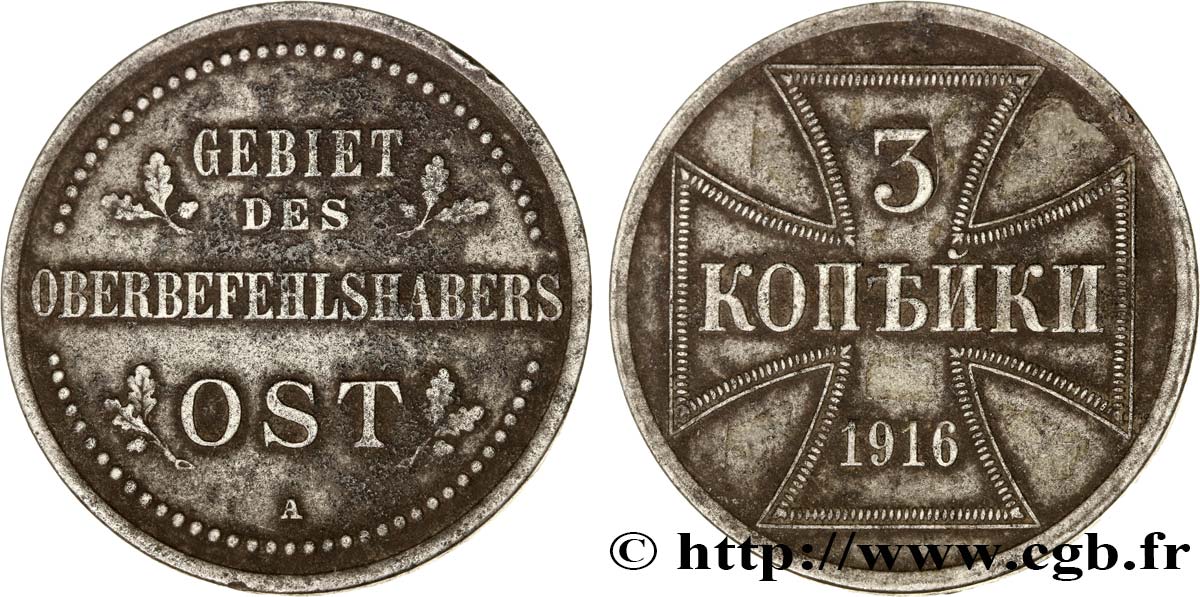 GERMANY 3 Kopecks Monnaie d’occupation du commandement supérieur du front Est 1916 Berlin XF 