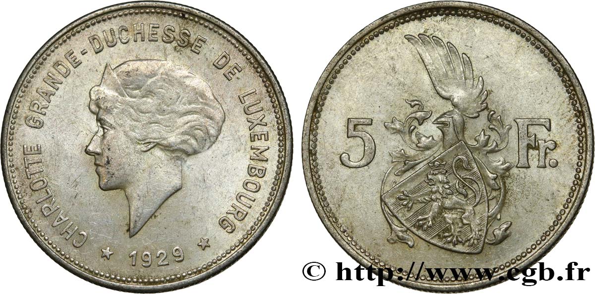 LUXEMBURG 5 Francs Grande-Duchesse Charlotte 1929  VZ 