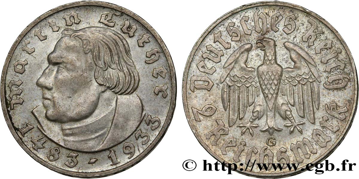 GERMANIA 2 Reichsmark Martin Luther 1933 Karlsruhe SPL 