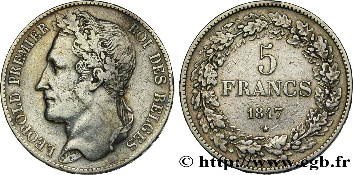 BELGIUM 5 Francs Léopold Ier tête laurée 1847  VF/XF 