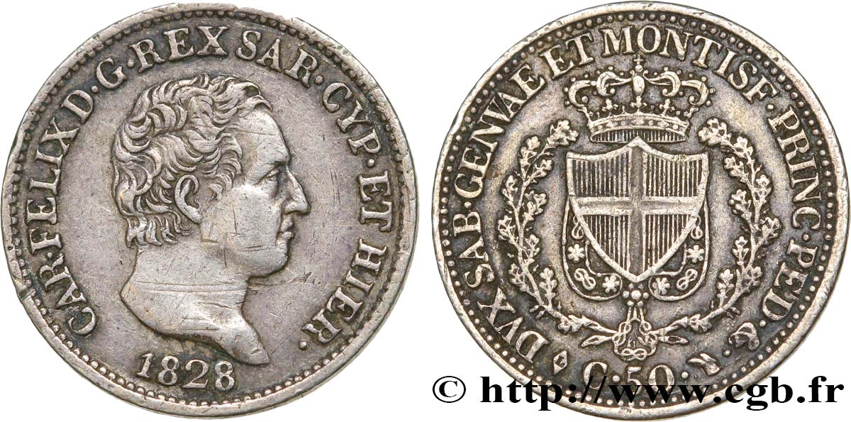 ITALIEN - KÖNIGREICH SARDINIEN 50 Centesimi Charles Félix 1828 Turin SS 