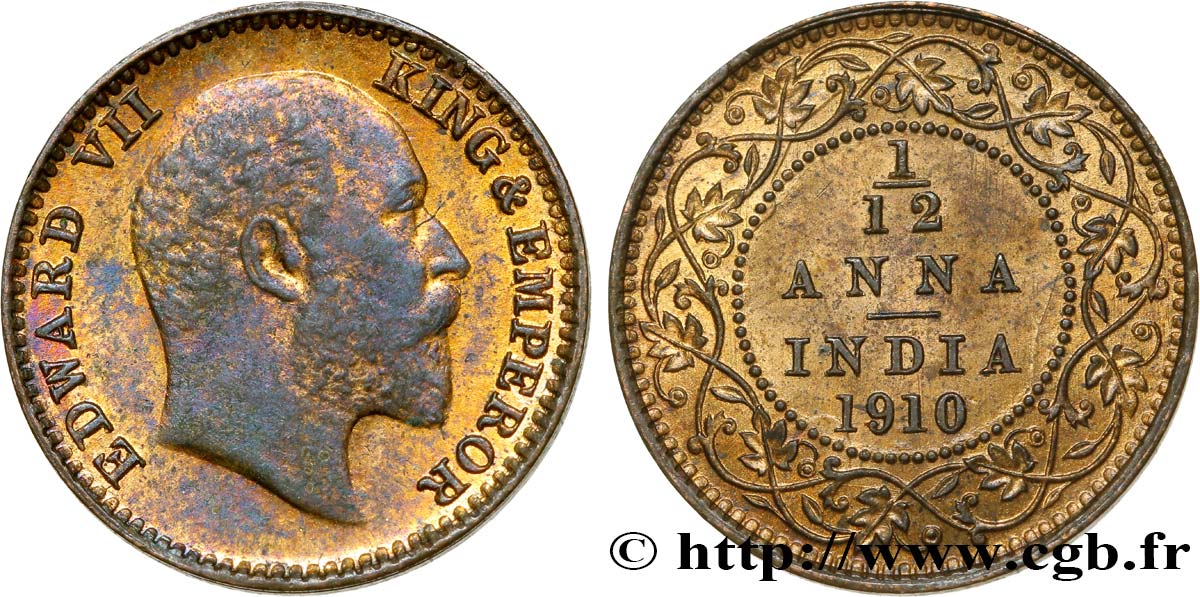 INDIA BRITANNICA 1/12 Anna Édouard VII 1910  MS 