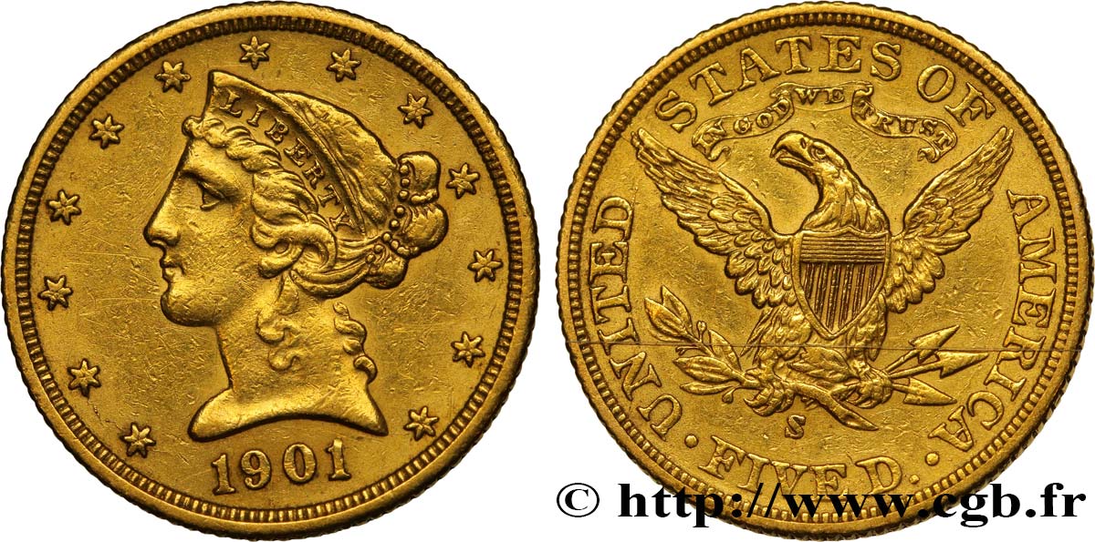 UNITED STATES OF AMERICA 5 Dollars  Liberty  1901 San Francisco XF/AU 