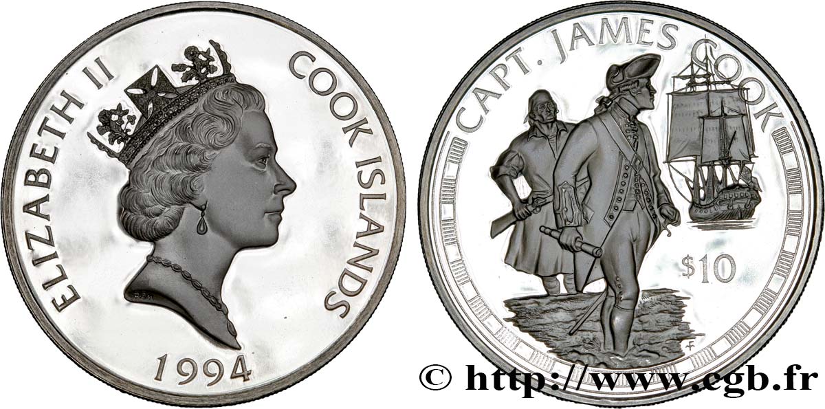 ÎLES COOK  10 Dollars Proof capitaine Cook 1994  SPL 