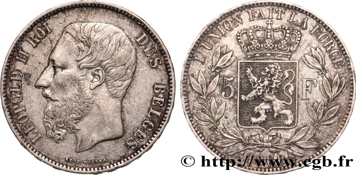 BELGIUM 5 Francs Léopold II 1868  AU/AU 