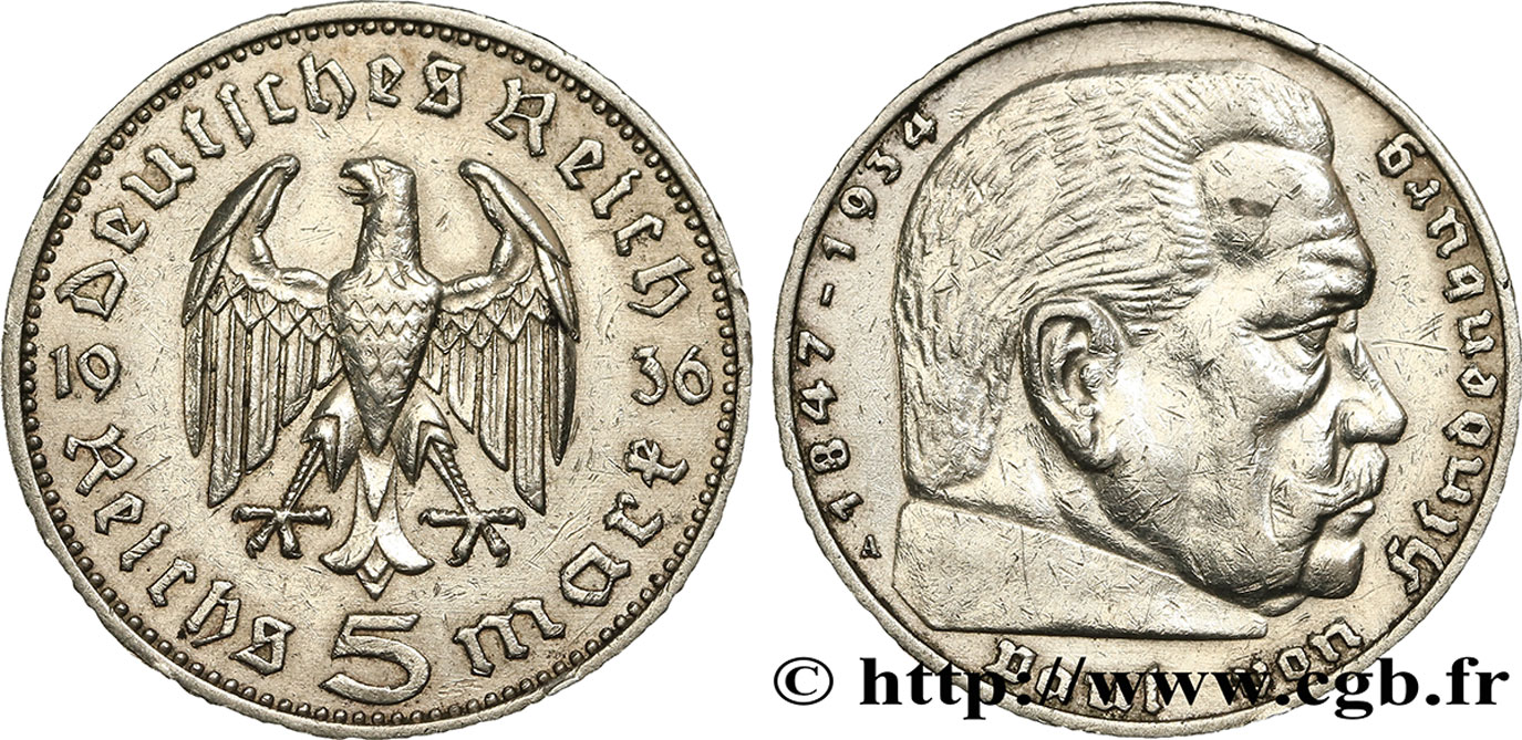 ALEMANIA 5 Reichsmark Maréchal Paul von Hindenburg 1936 Berlin MBC+ 