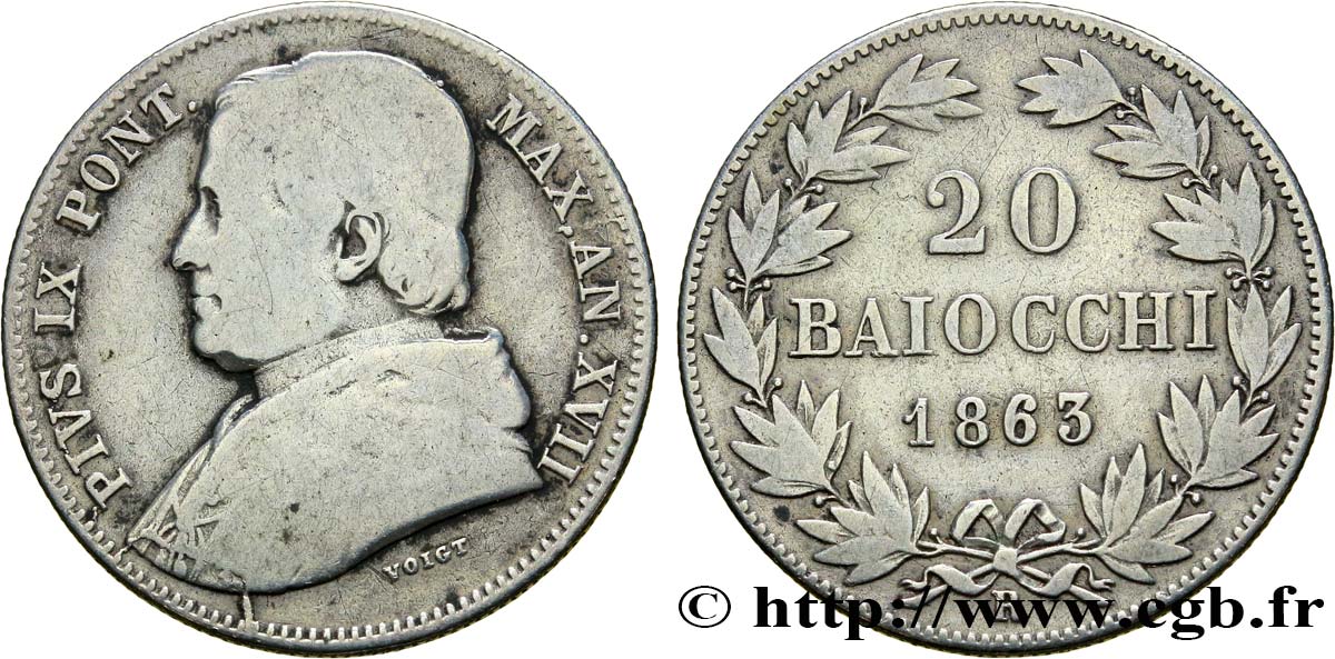 VATICANO E STATO PONTIFICIO 20 Baiocchi Pie IX an XVII 1863 Rome q.MB 
