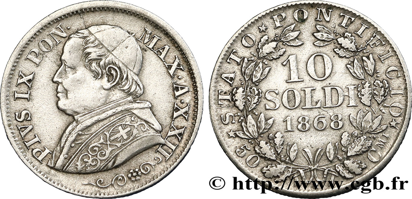 VATICAN AND PAPAL STATES 10 Soldi (50 Centesimi) Pie IX an XXII 1868 Rome AU 