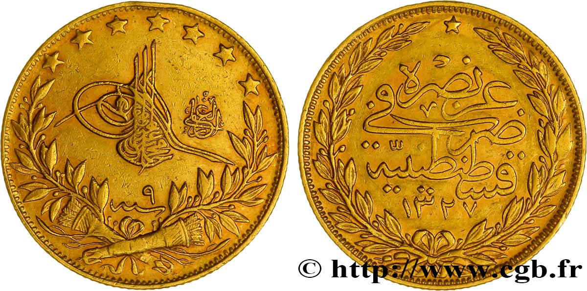 TURQUíA 100 Kurush en or Sultan Mohammed V Resat AH 1327, An 9 1917 Constantinople MBC+ 