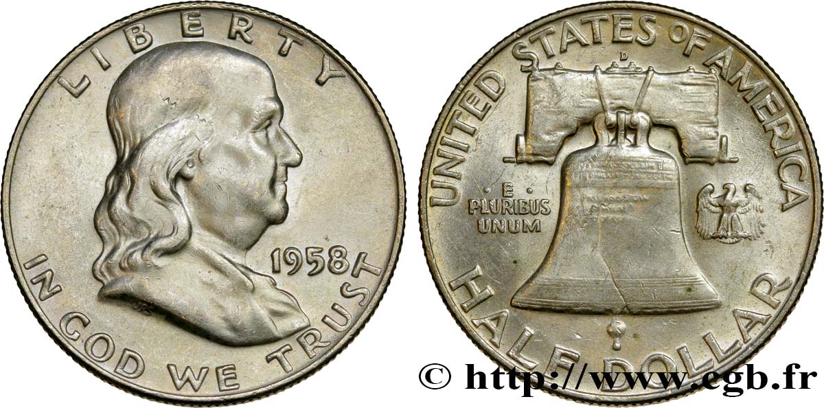 UNITED STATES OF AMERICA 1/2 Dollar Benjamin Franklin 1958 Denver AU 