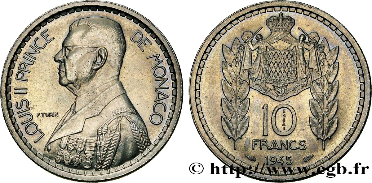 MONACO Essai de 10 Francs Louis II 1945 Paris SC 