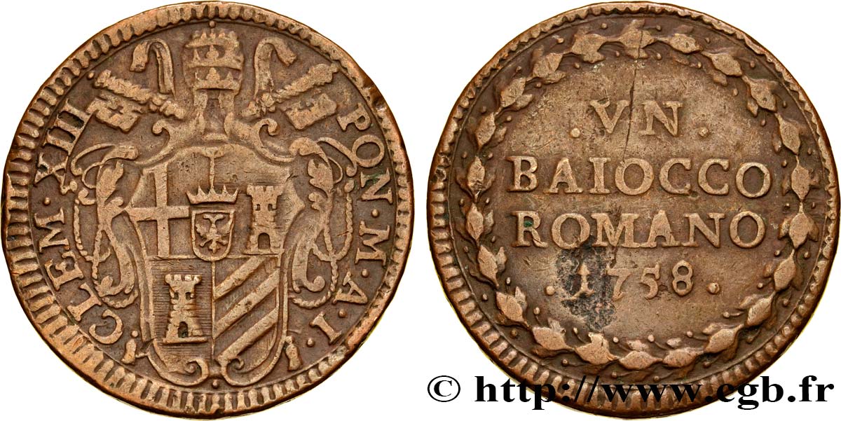 VATICAN AND PAPAL STATES 1 Baiocco au nom de Clément XIII an I 1758 Rome XF 