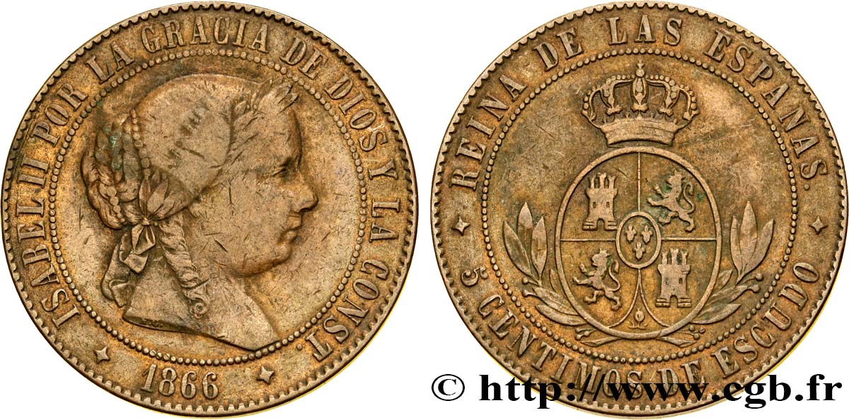 SPAIN 5 Centimos de Escudo Isabelle II 1866 Oeschger Mesdach & CO VF/XF 