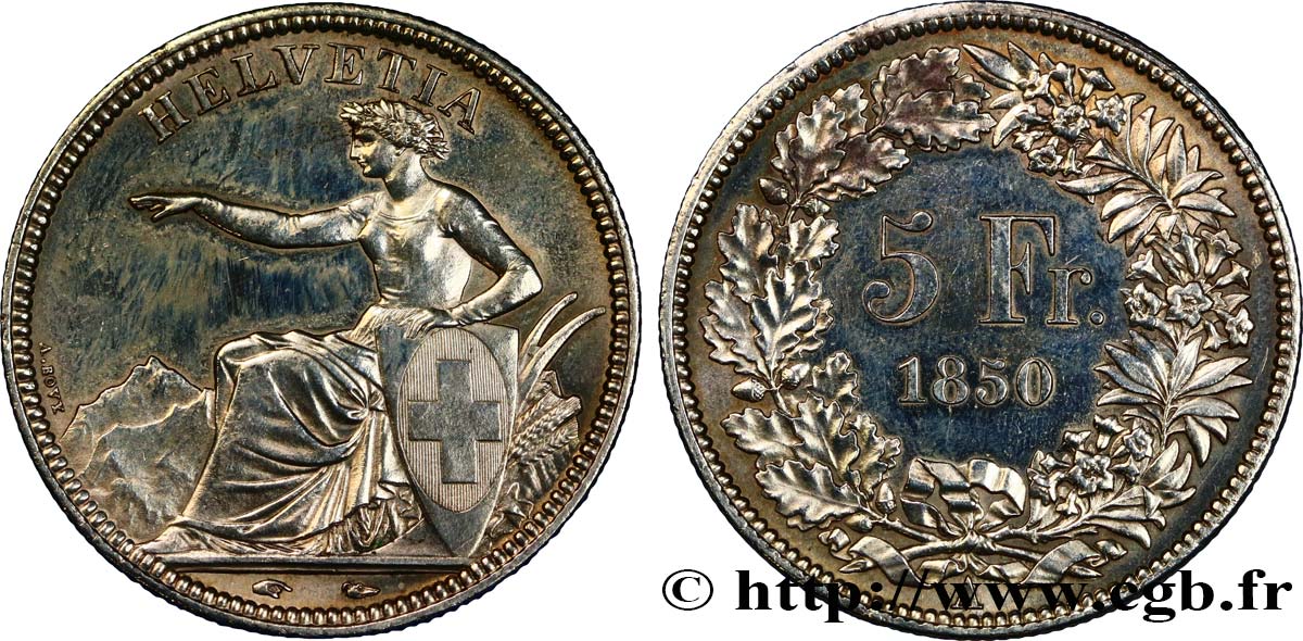 SWITZERLAND 5 Francs Helvetia assise 1850 Paris AU 