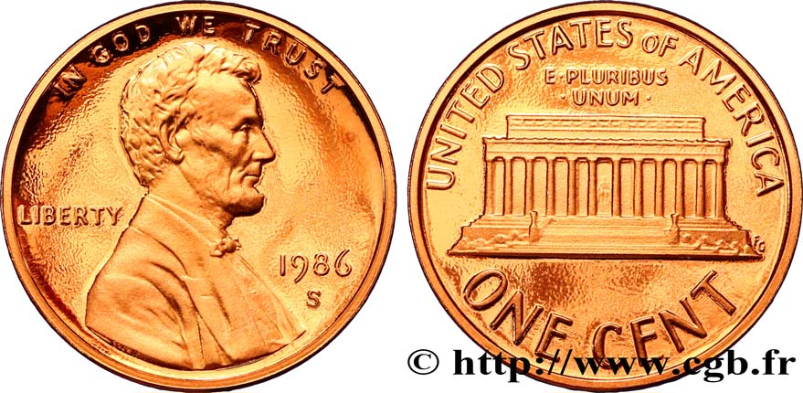 UNITED STATES OF AMERICA 1 Cent Lincoln / mémorial 1986 San Francisco - S MS 