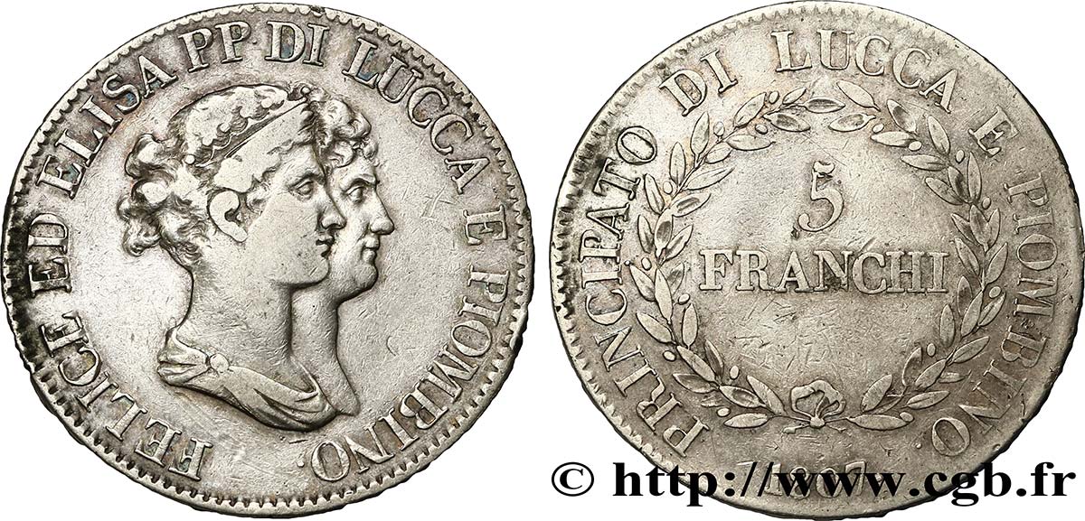 ITALIA - LUCCA E PIOMBINO 5 Franchi Elise et Félix Baciocchi, Principauté de Lucques et Piombino 1807 Florence MB 