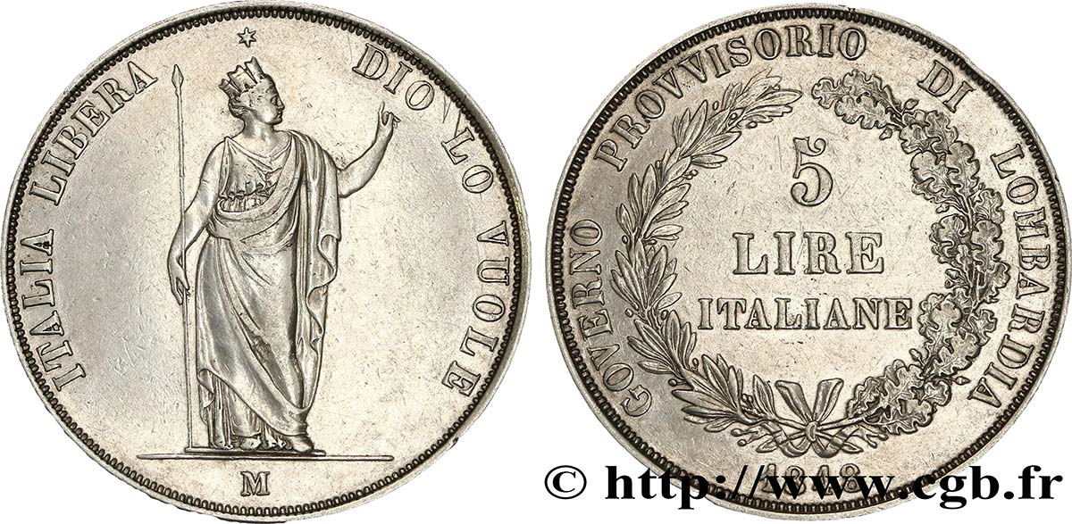 ITALIA - LOMBARDIA 5 Lire Gouvernement provisoire de Lombardie 1848 Milan q.BB 