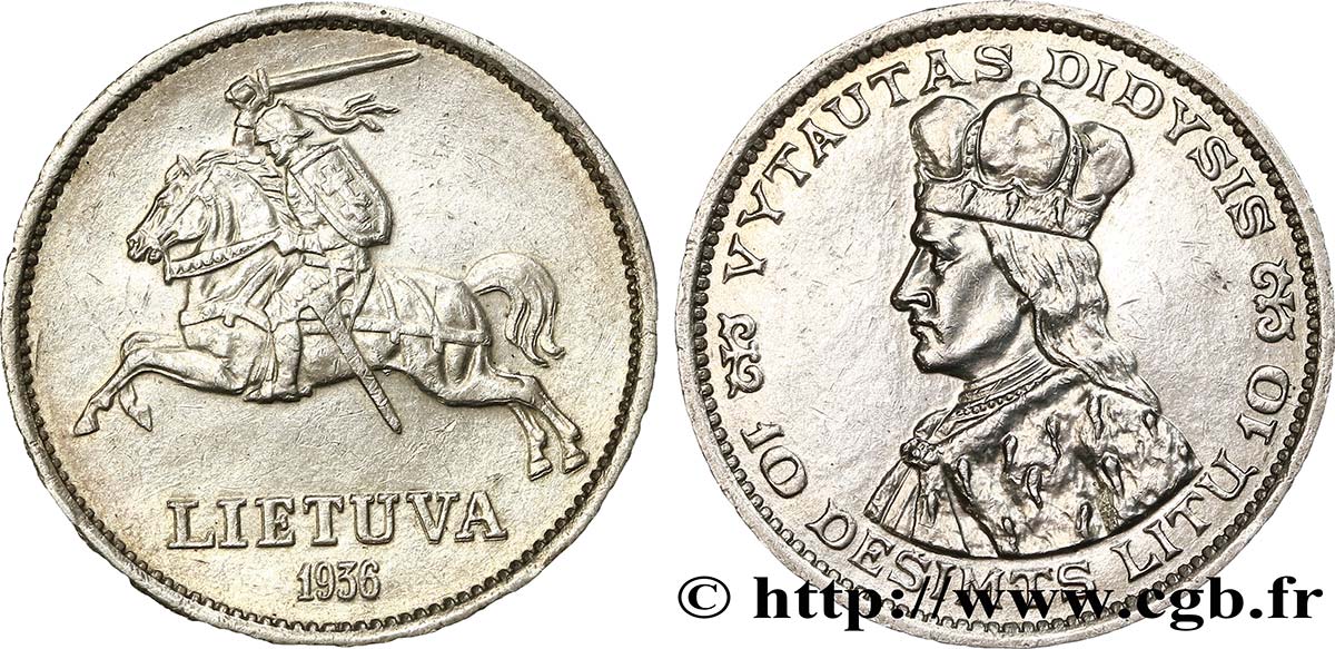 LITUANIA 10 Litu chevalier Vitis / Vytautas le Grand 1936  BB 