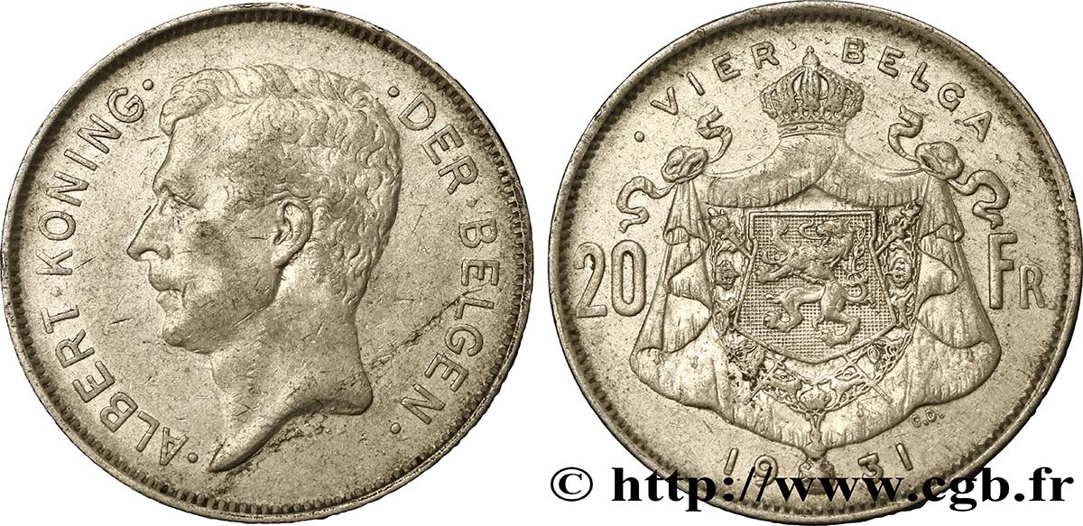 BÉLGICA 20 Francs - 4 Belga Albert Ier légende Flamande position B 1931  MBC 