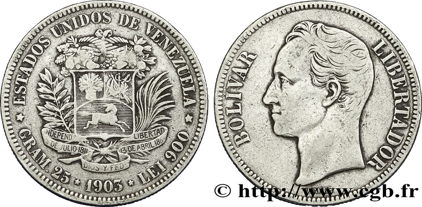 VENEZUELA 5 Bolivares Simon Bolivar 1903 Philadelphie q.BB 