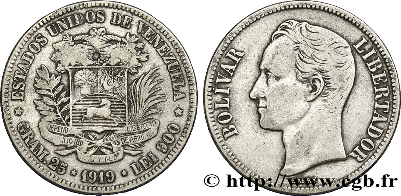 VENEZUELA 5 Bolivares Simon Bolivar 1919 Philadelphie BC 