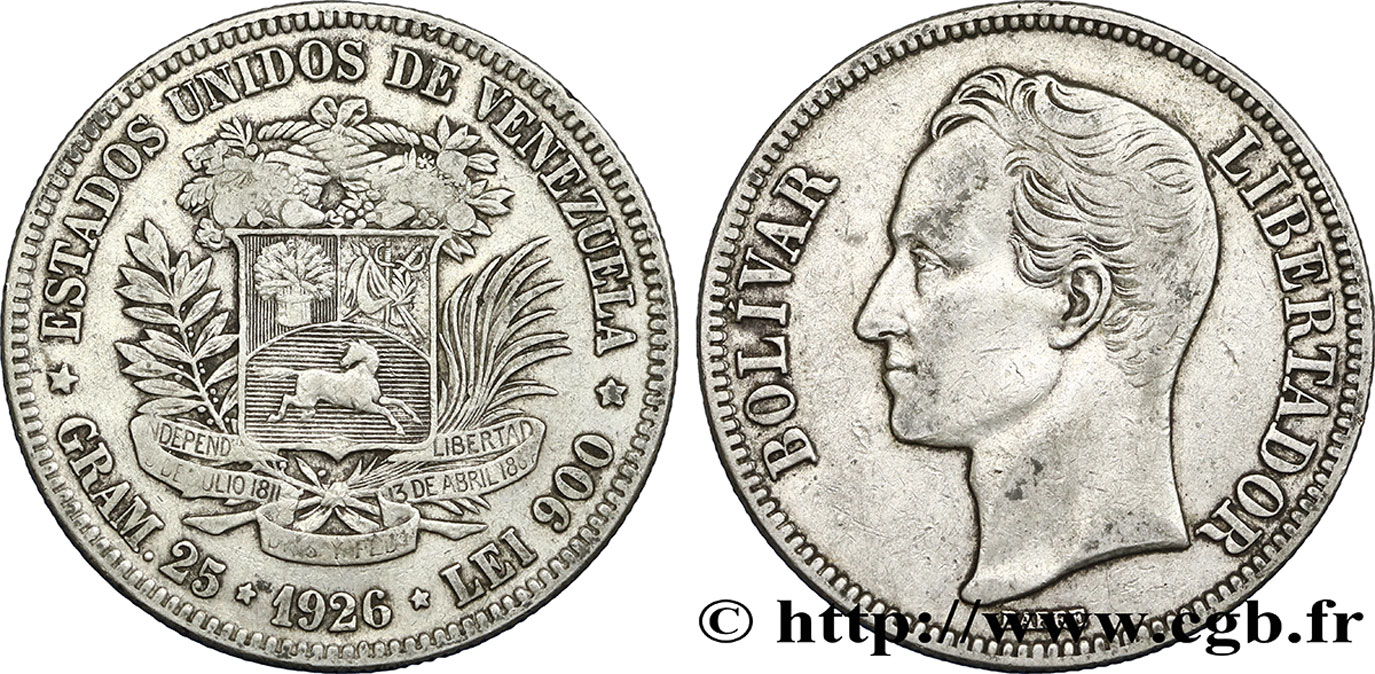 VENEZUELA 5 Bolivares Simon Bolivar 1926 Philadelphie q.BB 