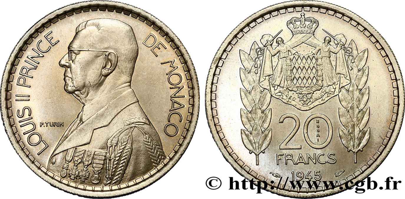 MONACO Essai de 20 Francs Turin Louis II 1945 Paris ST 