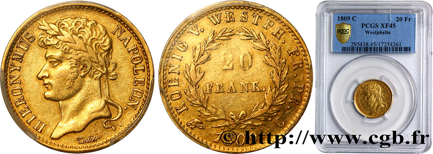 GERMANY - KINGDOM OF WESTPHALIA - JÉRÔME NAPOLÉON 20 Franken 1809 Cassel XF45 PCGS