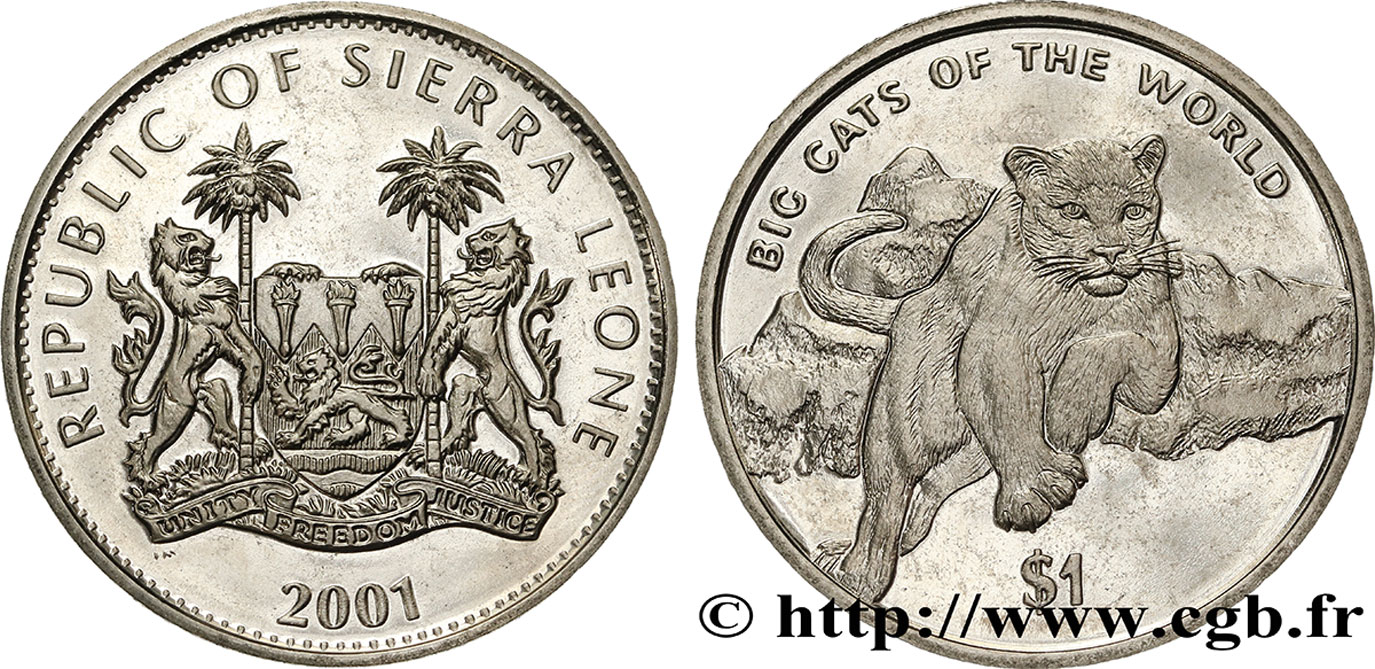 SIERRA LEONE 1 Dollar Proof cougar 2001  MS 