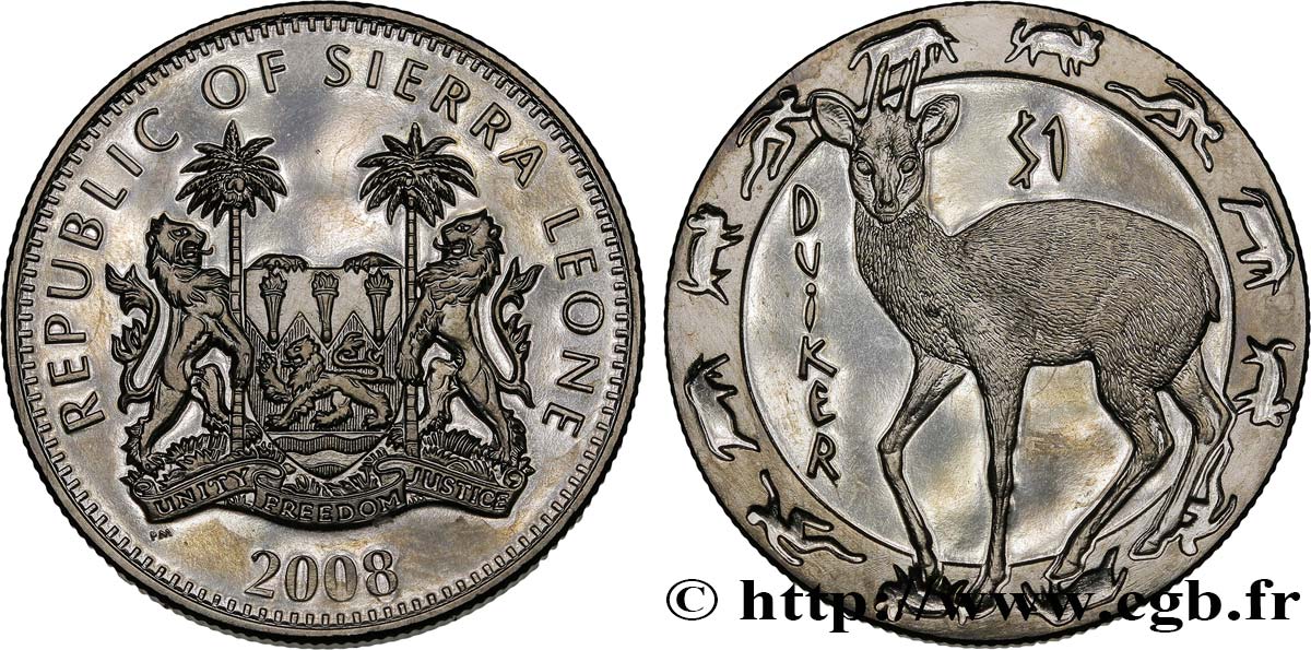 SIERRA LEONE 1 Dollar Proof Animaux nocturnes : céphalophe 2008  MS 
