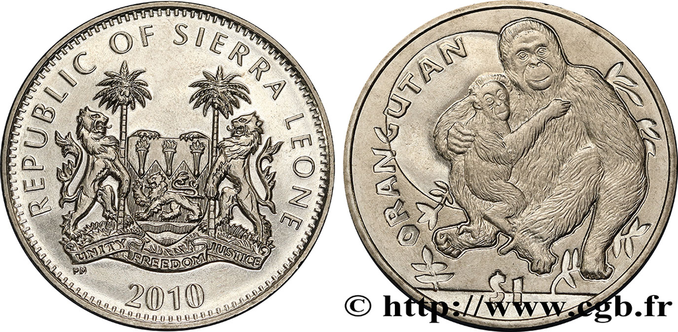 SIERRA LEONE 1 Dollar Proof Orang-outan 2010  fST 