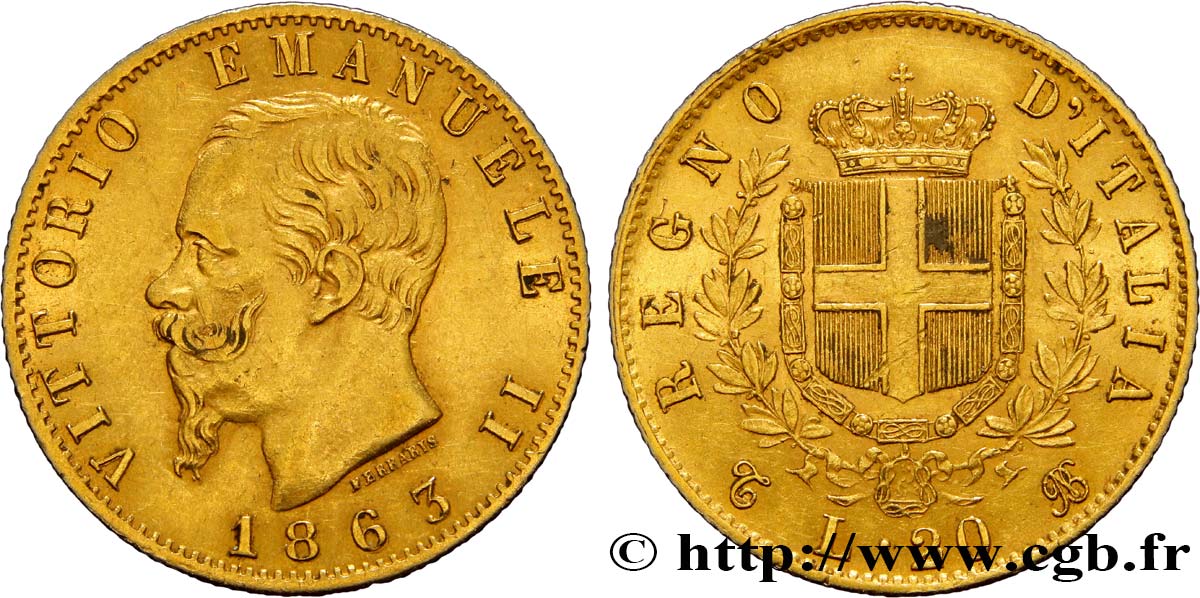 ITALIE 20 Lire Victor Emmanuel II 1863 Turin TTB+ 