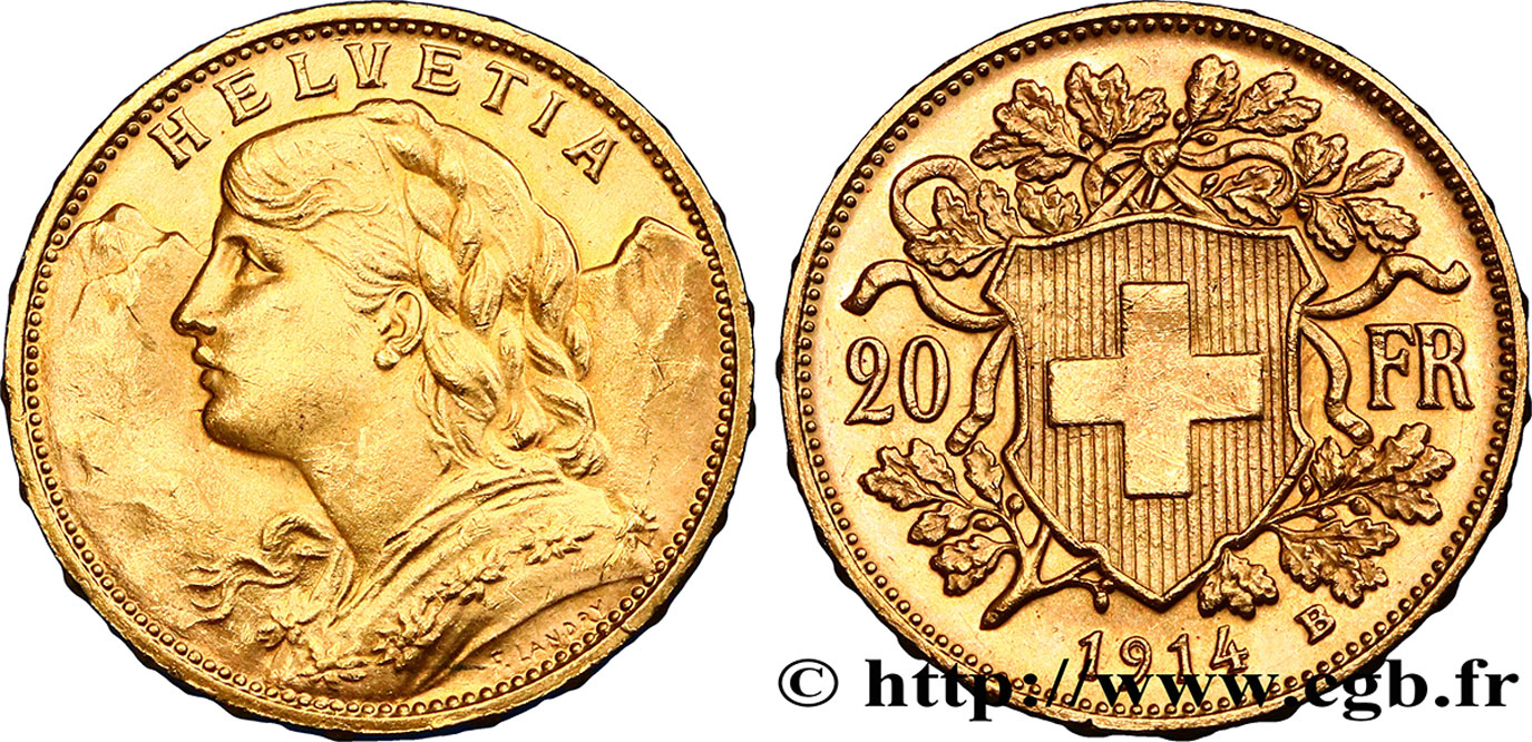 SWITZERLAND 20 Francs or  Vreneli   1914 Berne AU 